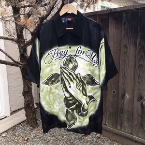 Vintage Y2K FND “Pray for Us” Airbrush Button-Up Shirt Black & Green Size XL